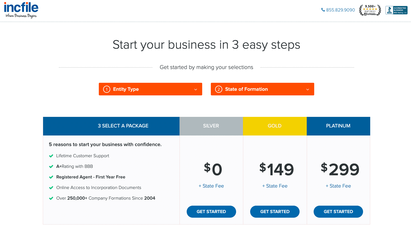 Incfile LLC formation service's plans and prices