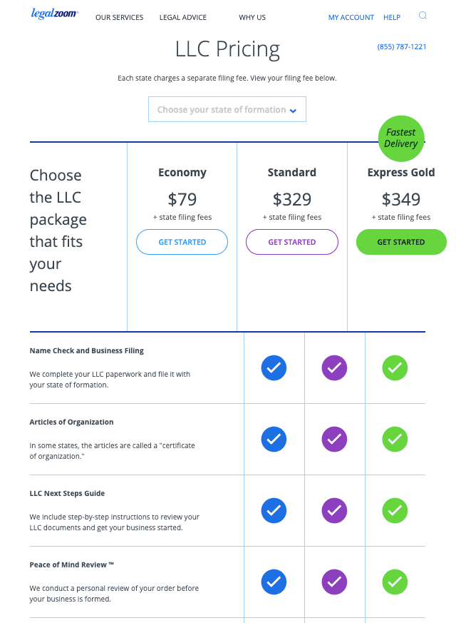 LegalZoom LLC service prices 