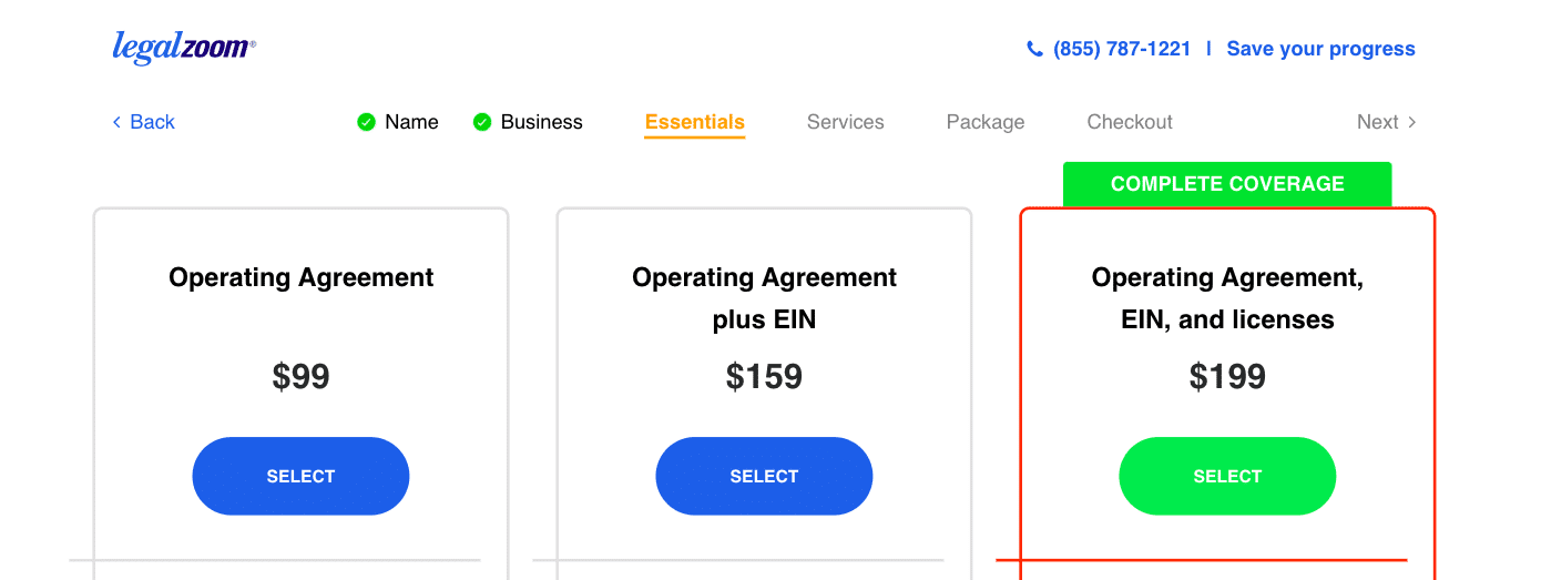 LegalZoom LLC service price for LLC operating agreement and EIN