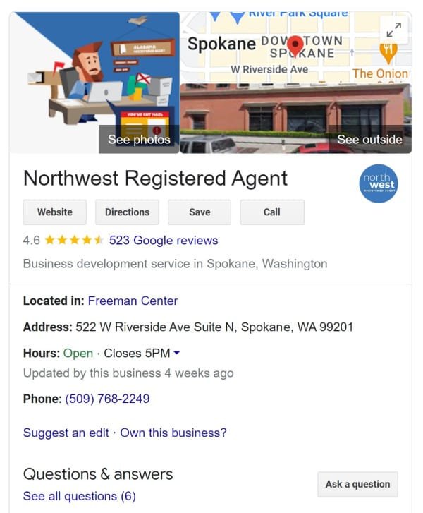 Northwest Registered Agent Google Reviews